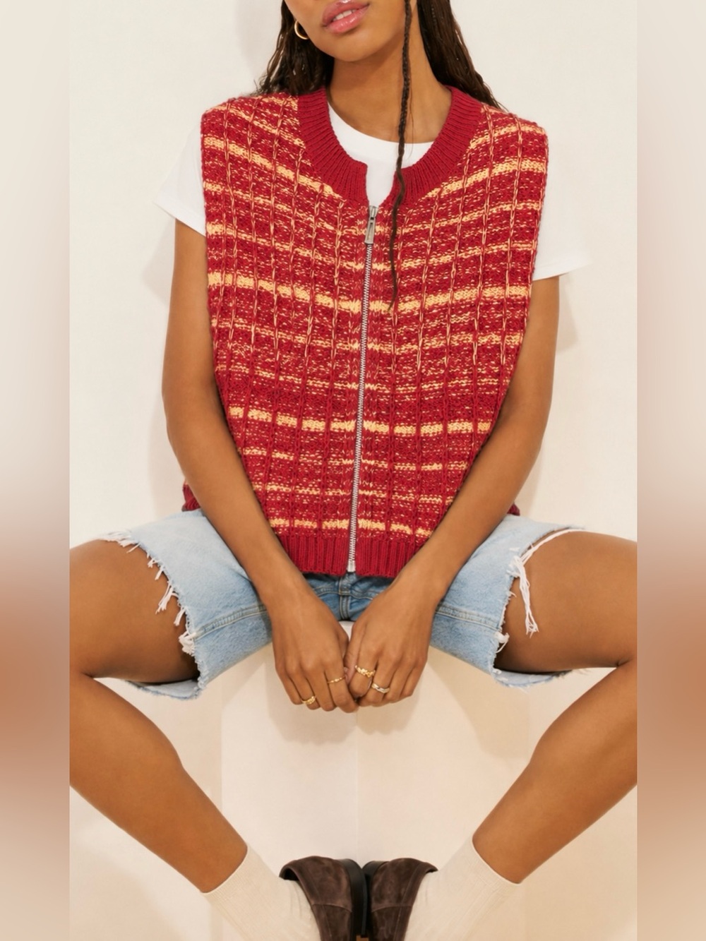 Maeve Tweed-Look Sweater Vest Zip Pockets Orange Pink Tweed Romantic Academia M